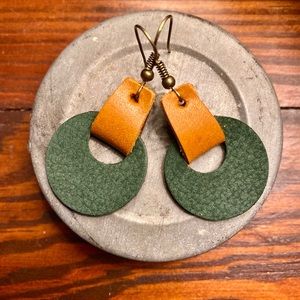 leather earrings, circle, folded leather, every day casual earrings, handmade